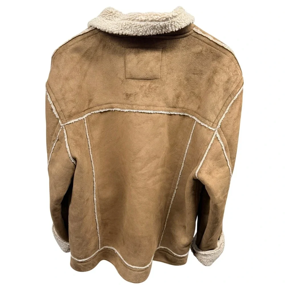 Aero VIntage Y2K Mens Suede Sherpa Lined Aviator Jacket Tan Brown Full Zip Large